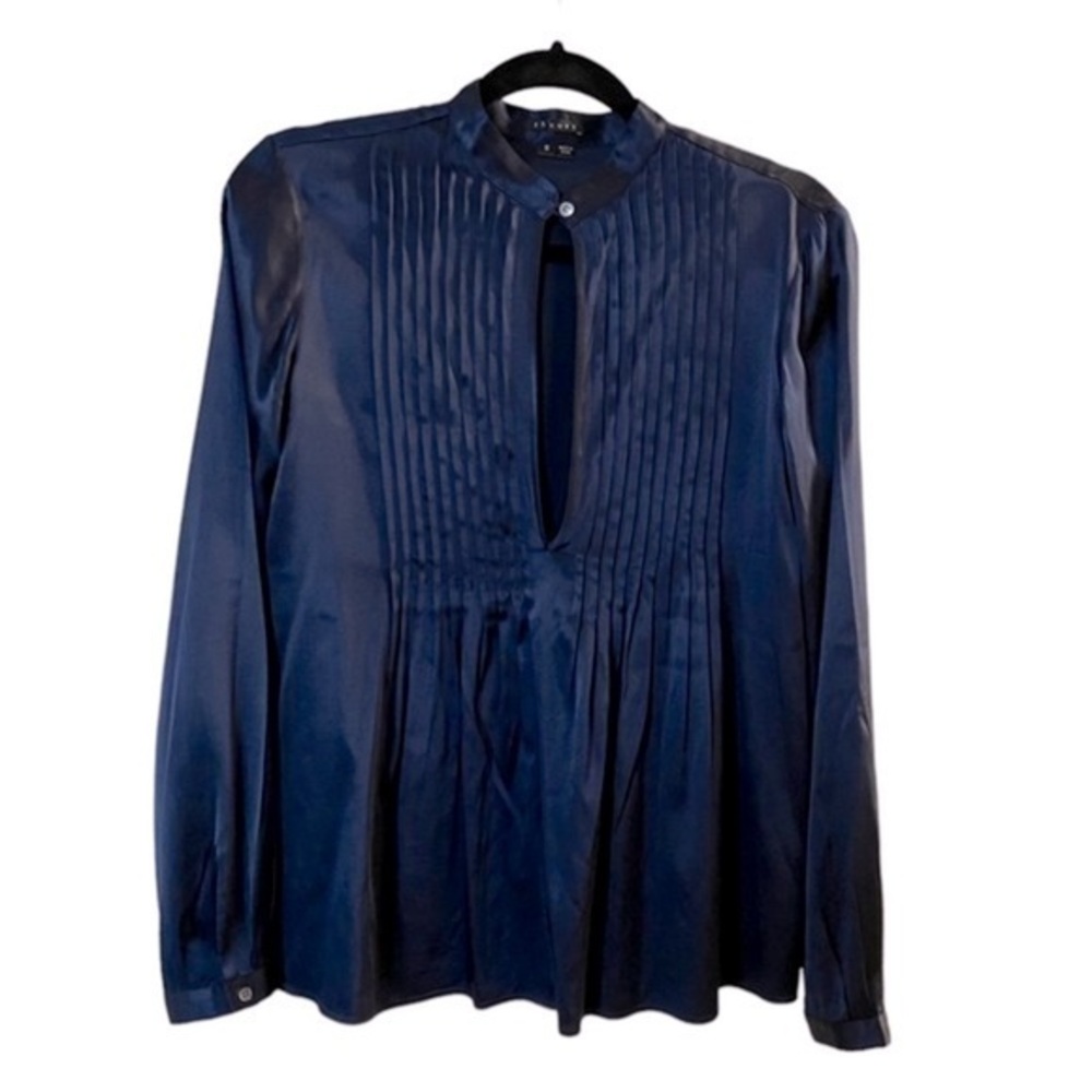 Theory Navy Blue Silk Pleated Front Long Sleeve Blouse